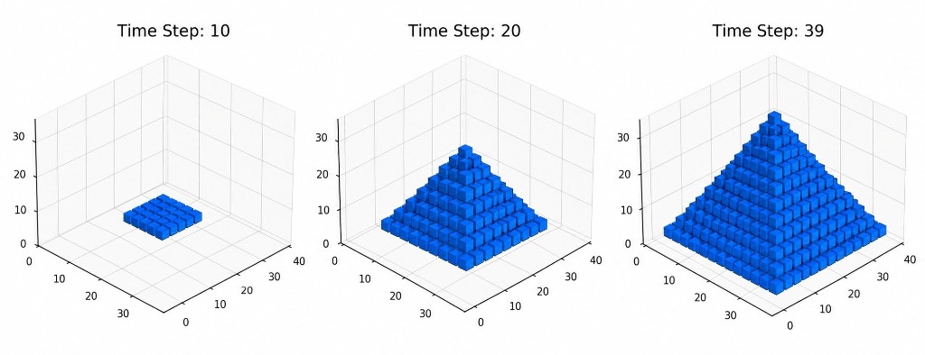 3D cellular automata growth at time steps 10, 20, and 39