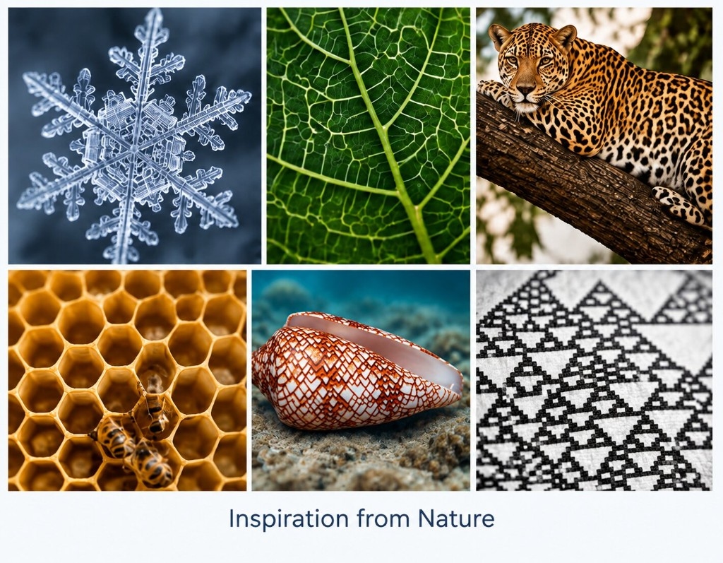 Inspiration from nature: snowflake, leaf, leopard, honeycomb, cone shell, and cellular automata pattern