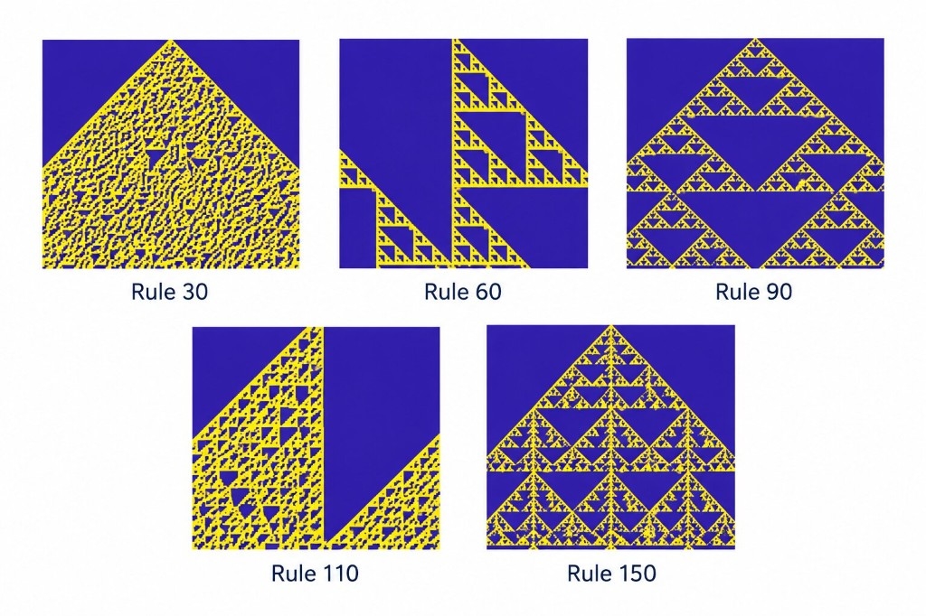 Cellular automata Rule 30, 60, 90, 110, and 150 patterns