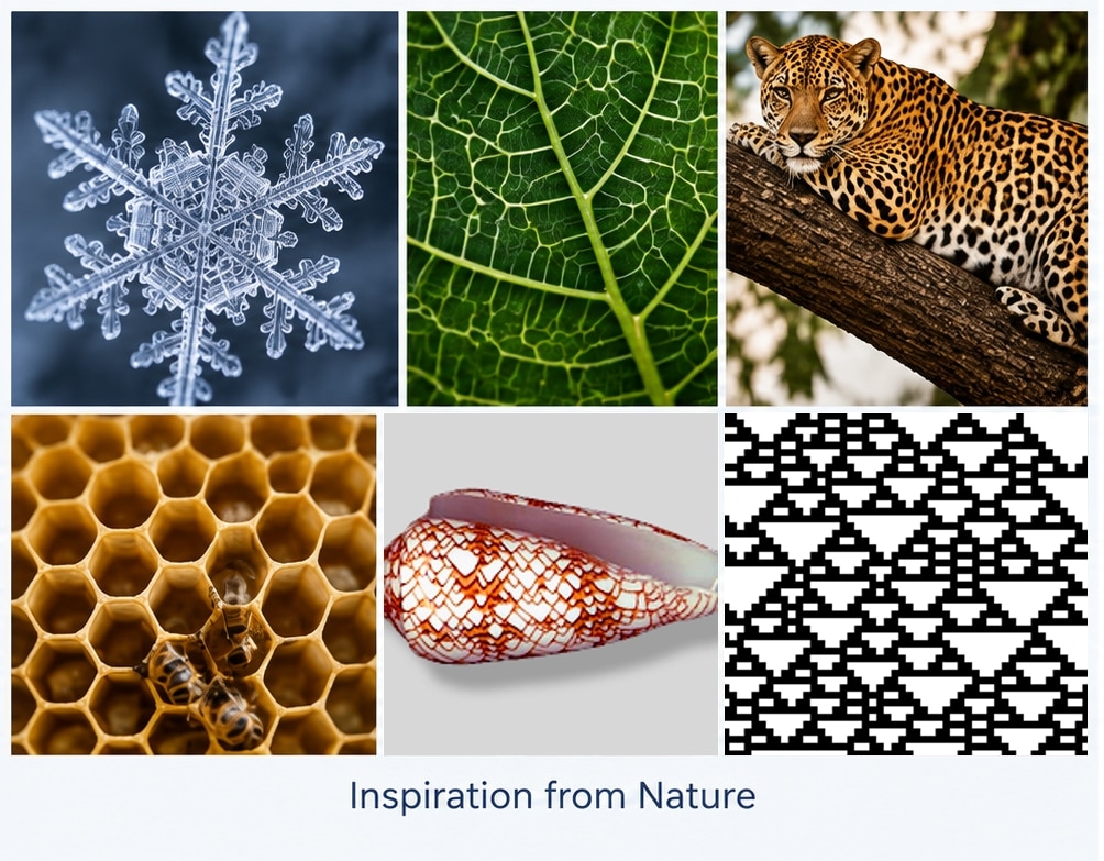 Inspiration from nature, including a cone shell beside a cellular automata pattern