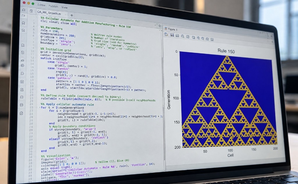 MATLAB cellular automata Rule 150 code and visualization